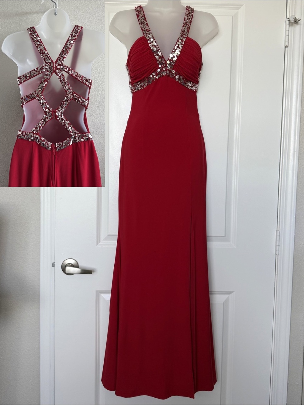 Hailey Logan by Adrianna Papell Red Sequin Cage Back Maxi Gown Prom Dress 3/4